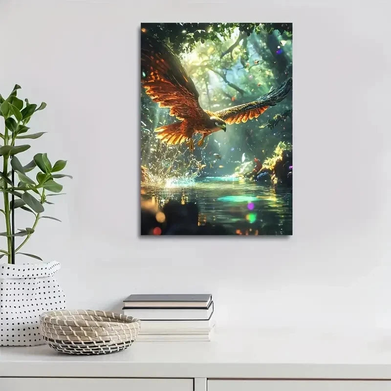 Cartoon Style Hawk Splashing In Magical Painting 40x60cm Metal Print Ready to Hang