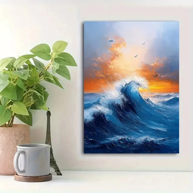 Beautiful Abstract Blue Ocean Vibrant Sunset Painting 40x60cm Metal Print Ready to Hang