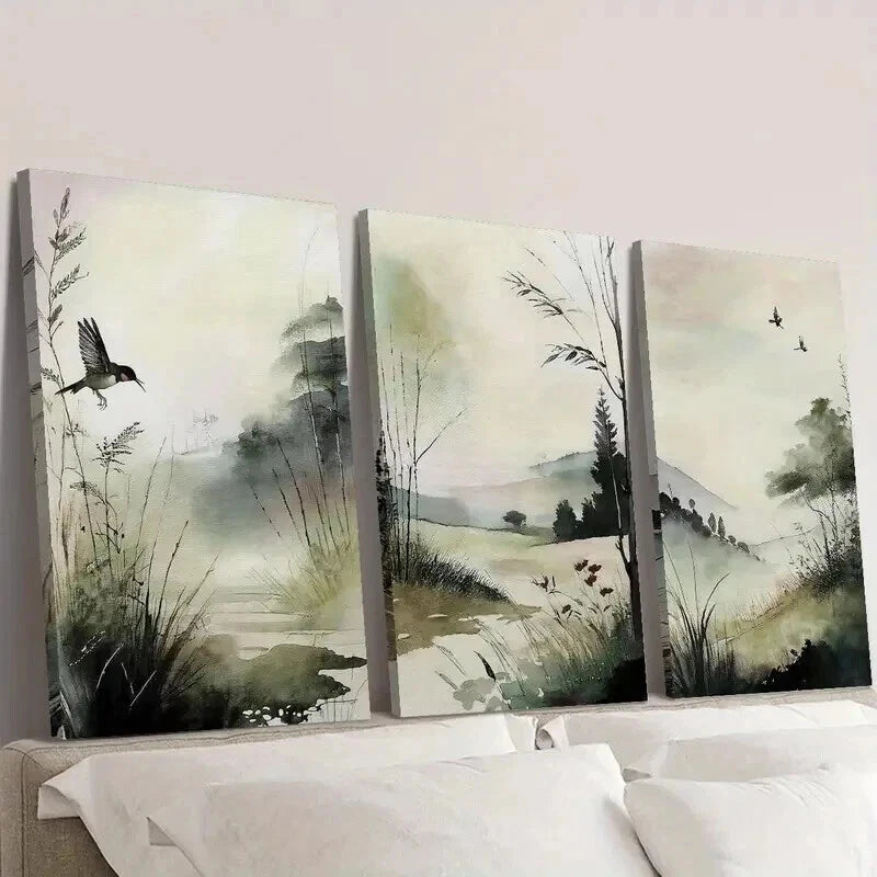 3pcs Birds & Trees Classic Landscape Painting Wall Art Set Canvas Framed 40x60cm - High Quality Print 100% Australian Made Wall Canvas Ready to Hang
