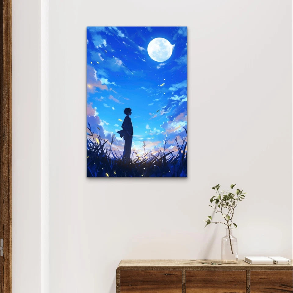 Anime Boy Under a Starry Blue Night Sky 40x60cm Metal Print Ready to Hang