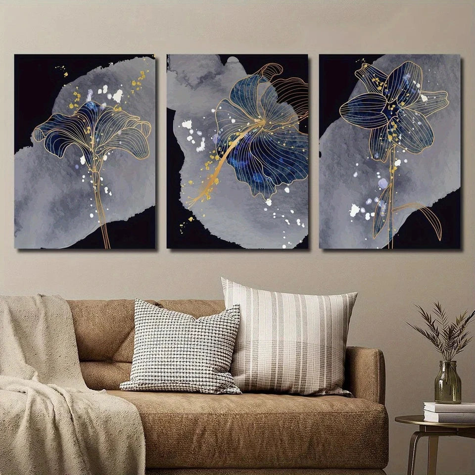 3pcs Vibrant Blue & Golden Botanical Flower Metal Print Ready to Hang Art