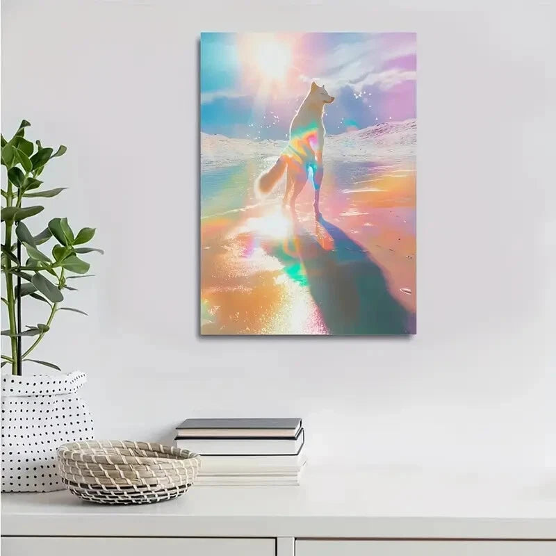Dreamy Wolf Sunset Scene with Rainbow Painting 40x60cm Metal Print Ready to Hang