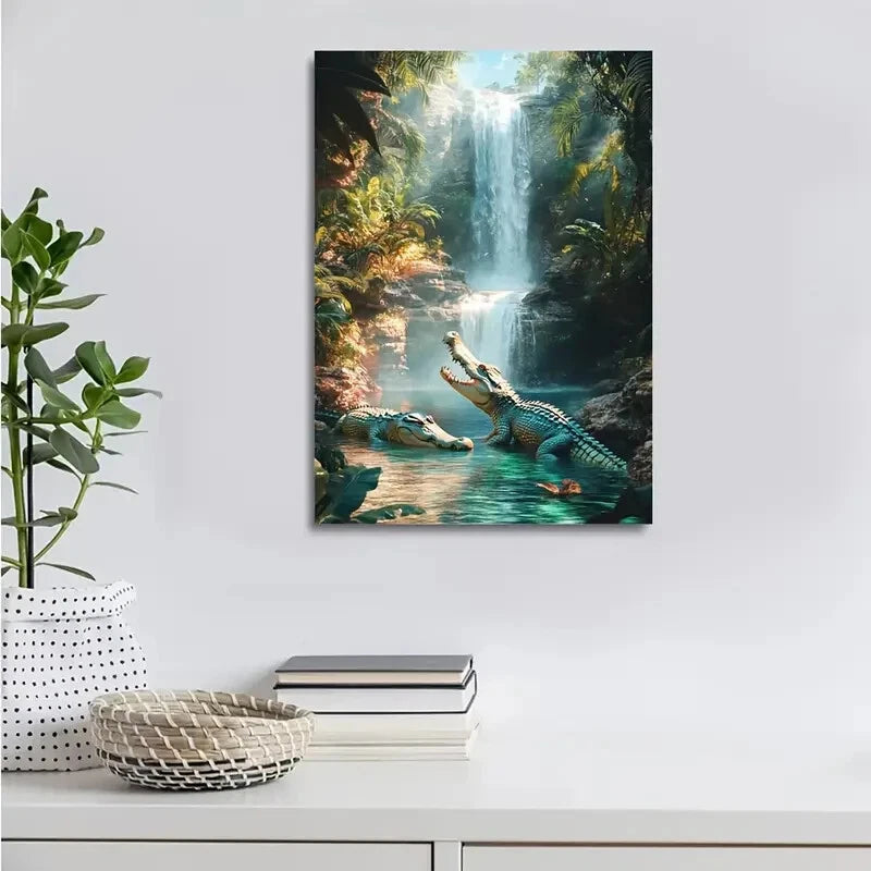 Beautiful Vibrant Crocodile Scene Painting 40x60cm Metal Print Ready to Hang