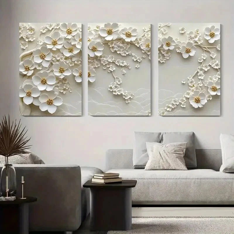 3pcs White Flower Blossom Floral Relief Metal Print Ready to Hang Art