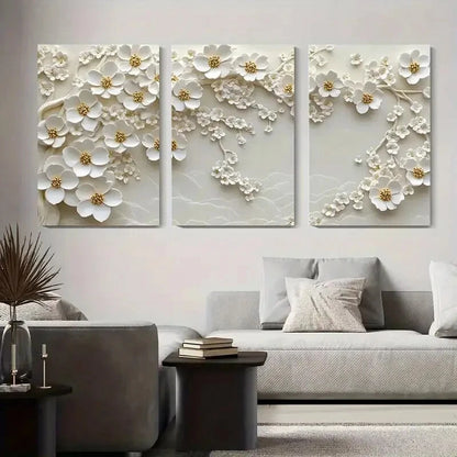 3pcs White Flower Blossom Floral Relief Metal Print Ready to Hang Art