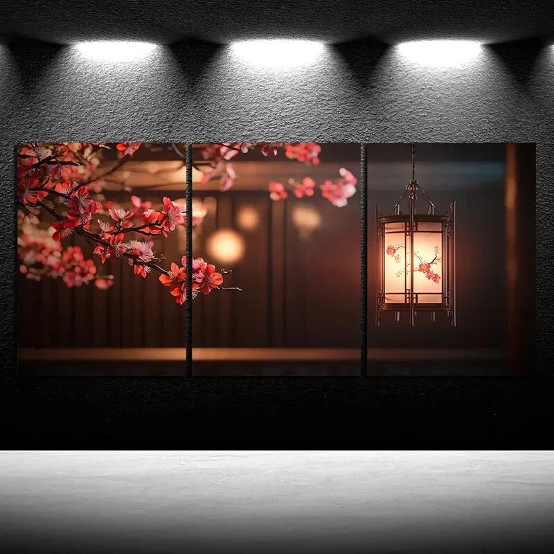 3pcs Plum Blossoms And Lanterns Red Flowers Metal Print Ready to Hang Art