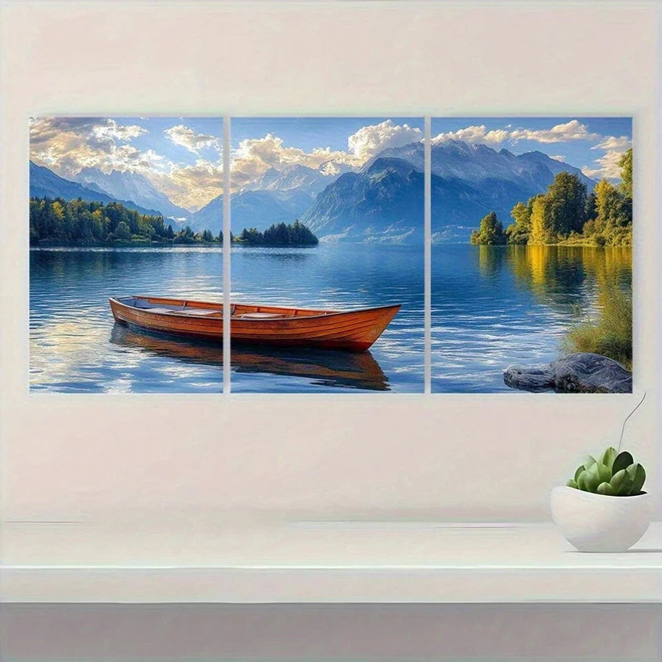 3pcs Scenic Lake & Mountain Blue Sky Green Trees Metal Print Ready to Hang Art