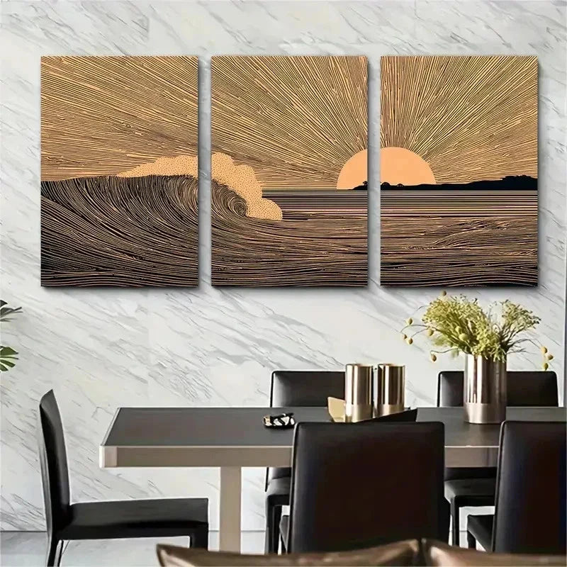 3pcs Minimalist Sunset & Surf Wave Perfect Wall Art Set Canvas Framed 50x70cm - High Quality Print 100% Australian Made Wall Canvas Ready to Hang