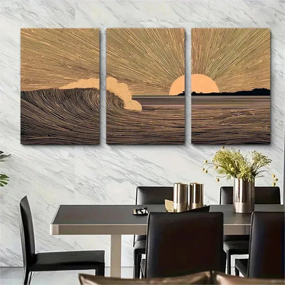 3pcs Minimalist Sunset & Surf Wave Perfect Wall Art Set Canvas Framed 50x70cm - High Quality Print 100% Australian Made Wall Canvas Ready to Hang