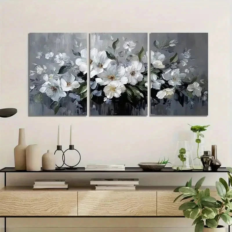 3pcs Large Floral Arrangement in White-Gray Tones Metal Print Ready to Hang Art
