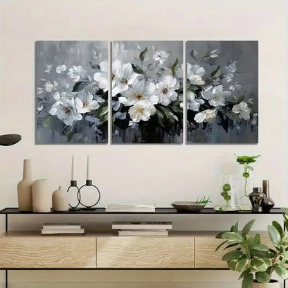 3pcs Large Floral Arrangement in White-Gray Tones Metal Print Ready to Hang Art