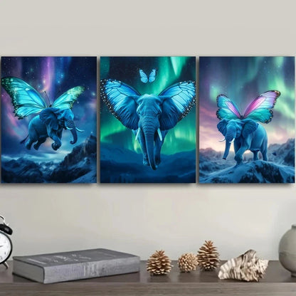 3pcs Featuring Elephants with Butterfly Metal Print Ready to Hang Art