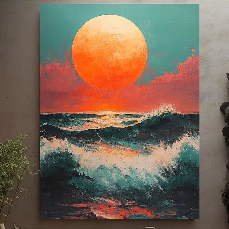Bold Teal & Orange Sunset Ocean Metal Print Ready to Hang