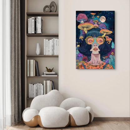 Psychedelic Pop Art Girl Portrait and Mushroom 40x60cm Metal Print Ready to Hang