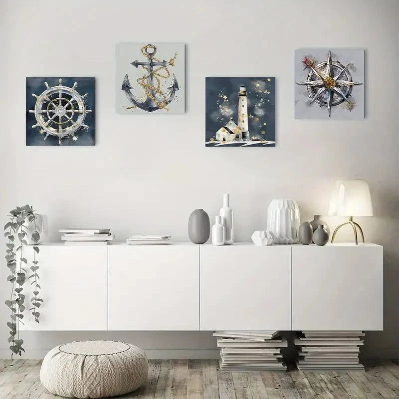 4pcs Nautical Ship Wheel Boat Anchor Lighthouse Wall Art Canvas Framed
