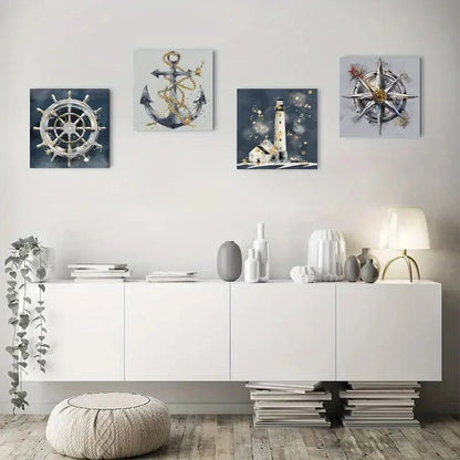 4pcs Nautical Ship Wheel Boat Anchor Lighthouse Wall Art Canvas Framed