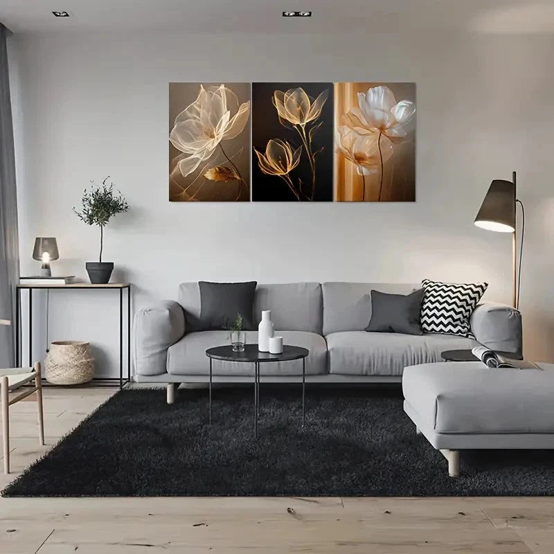 3pcs Modern Abstract Floral Stunning Golden Themed Metal Print Ready to Hang Art