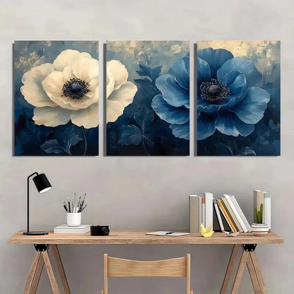 3pcs Gray White & Blue Flowers Golden Accents Metal Print Ready to Hang Art