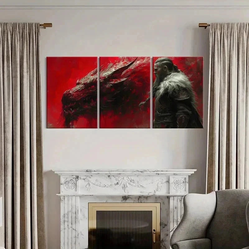 3pcs Fantasy Aesthetic Art Viking Scary Dragon Wall Art Set Canvas Framed 40x60cm - High Quality Print 100% Australian Made Wall Canvas Ready to Hang
