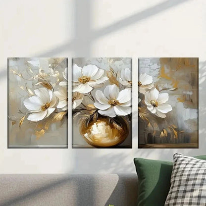3pcs Elegant White Flowers in Golden Vase Wall Art Set Canvas Framed 40x60cm - High Quality Print 100% Australian Made Wall Canvas Ready to Hang