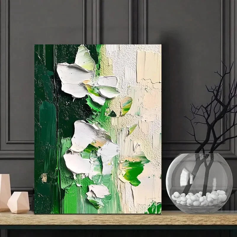 Abstract Painting Of White And Green Flowers Painting  40x60cm Metal Print Ready to Hang
