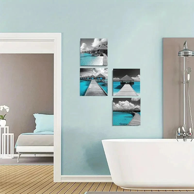 4pcs Turquoise Grey And Teal Ocean Maldives Wall Art Canvas Framed