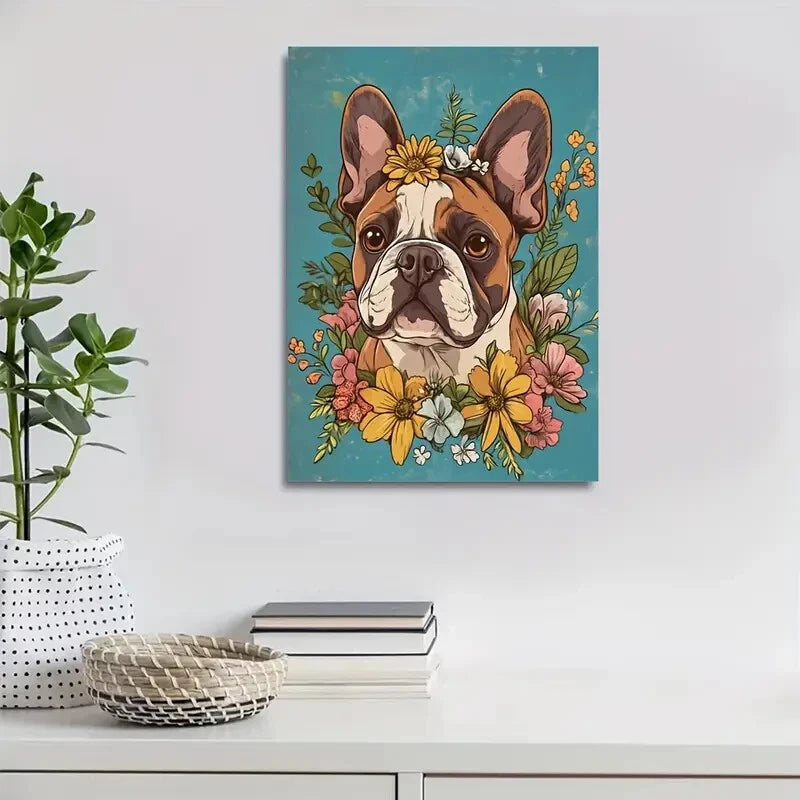 Cute Bulldog with Flowers Vibrant Floral Crown Dog 40x60cm Metal Print Ready to Hang