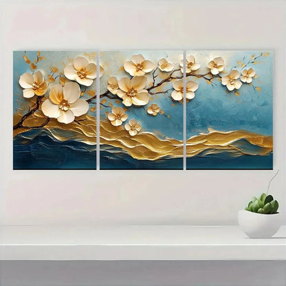 3pcs Modern Abstract Golden White Oil Painting Metal Print Ready to Hang Art