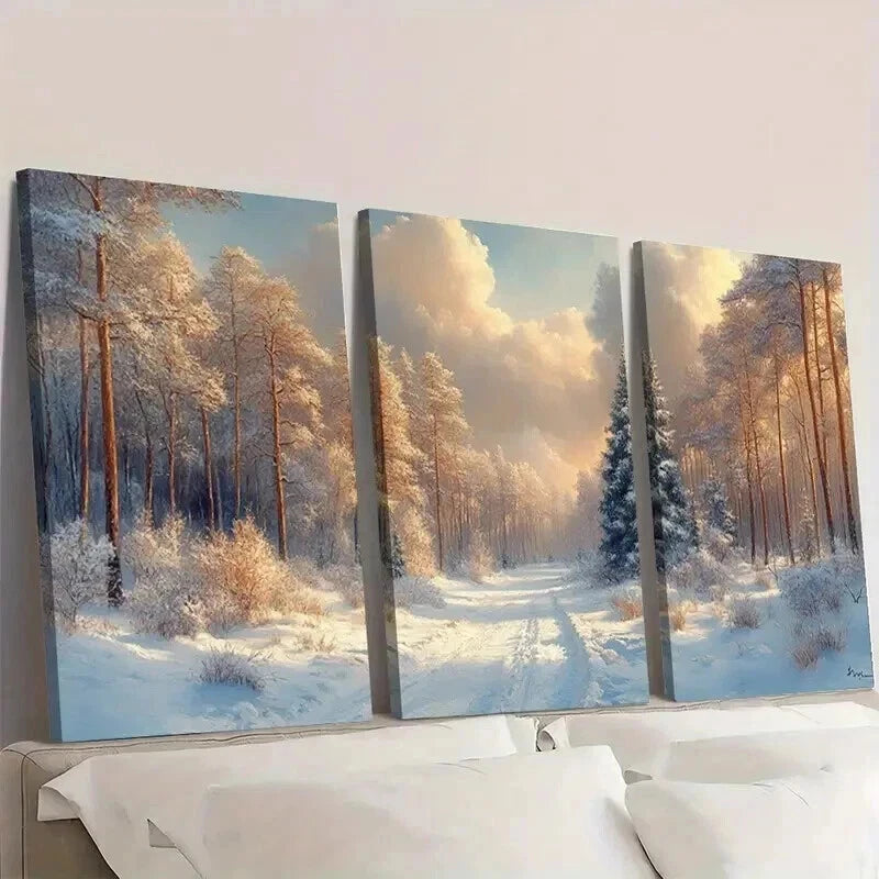 3pcs Vintage Winter Forest Painting Wall Art Set Canvas Framed 40x60cm - High Quality Print 100% Australian Made Wall Canvas Ready to Hang