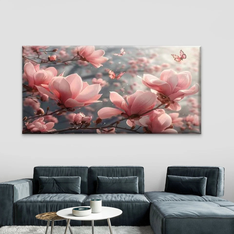 Pink Magnolia Flowers Wall Art Canvas Office Home Room Framed 120x60cm