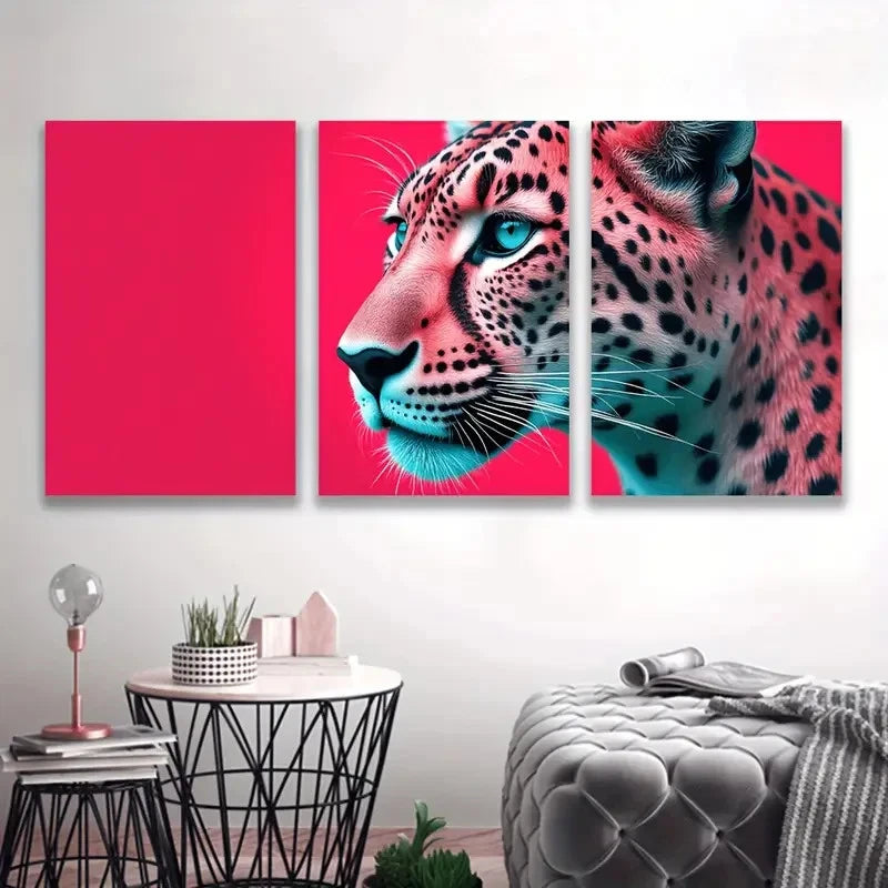 3pcs Leopard Vibrant Red Background Wall Art Set Canvas Framed 50x70cm - High Quality Print 100% Australian Made Wall Canvas Ready to Hang