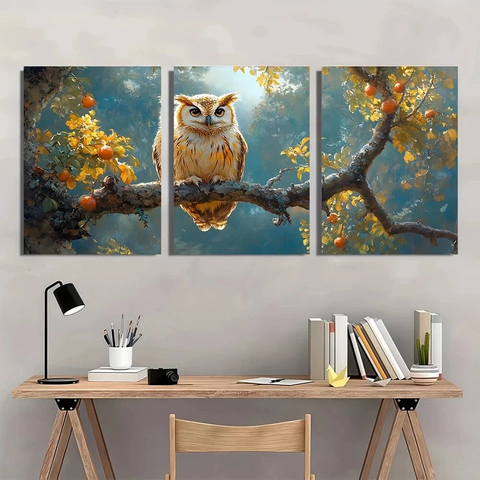 3pcs Owl Branch with Autumn Leaves & Fruits Nature Metal Print Ready to Hang Art