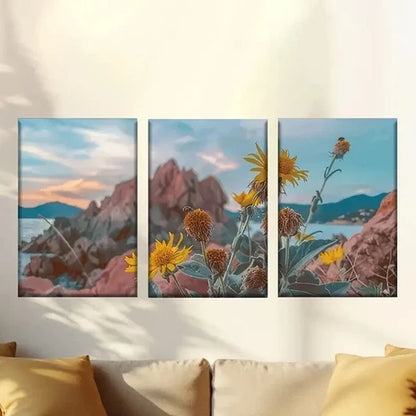 3pcs Flowers on the cliffs Wall Art Set Canvas Unframed - High Quality Print 100% Australian Made Wall Canvas