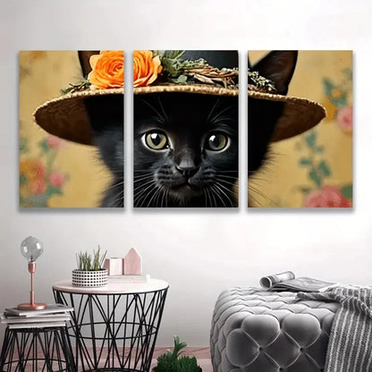 3pcs Black Cat in Straw Hat S Wall Art Set Canvas Framed 40x60cm - High Quality Print 100% Australian Made Wall Canvas Ready to Hang