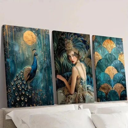 3pcs Gatsby Girl Peacock Full Moon  Wall Art Set Canvas Unframed - High Quality Print 100% Australian Made Wall Canvas