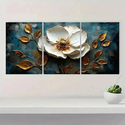 3pcs White Flower Golden Accents Oil Painting Metal Print Ready to Hang Art