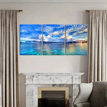 3pcs Blue Sky White Clouds Sea Natural Wall Art Set Canvas Framed 40x60cm - High Quality Print 100% Australian Made Wall Canvas Ready to Hang