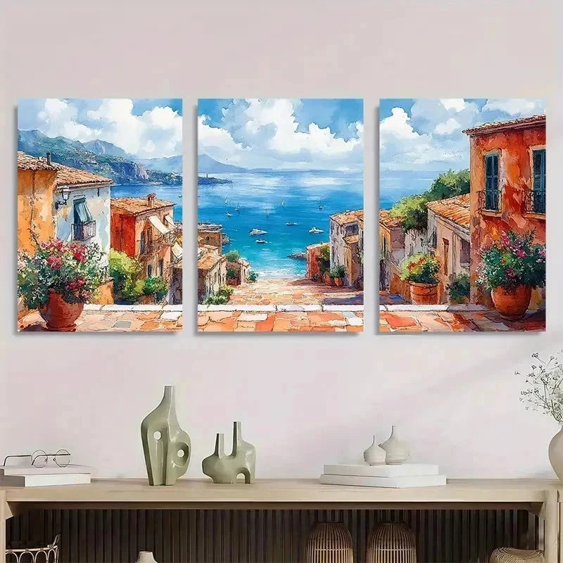 3pcs Street Scene Watercolor Coastal Perfect Wall Art Set Canvas Framed 40x60cm - High Quality Print 100% Australian Made Wall Canvas Ready to Hang