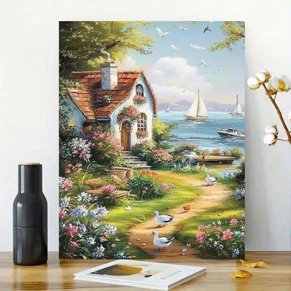 Beautiful Cottage by The Sea with Flowers And Ducks 40x60cm Metal Print Ready to Hang