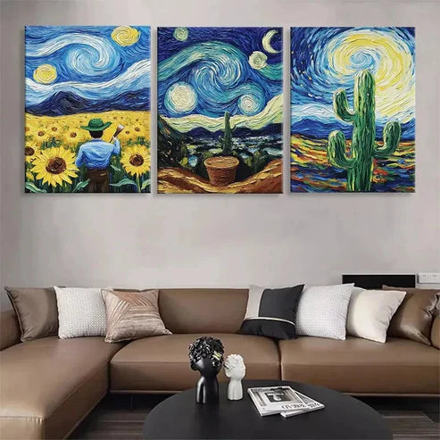 3pcs Gogh Starry Night, Sunflower & Cactus Wall Art Canvas Unframed - High Quality Print 100% Australian Made Wall Canvas