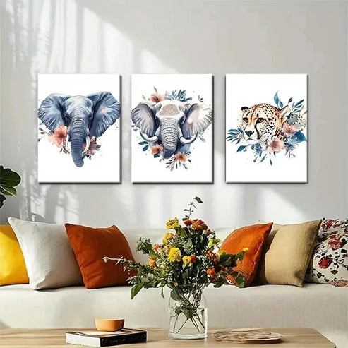 3pcs Elephants and Cheetah with Floral Perfect Wall Art Set Canvas Unframed - High Quality Print 100% Australian Made Wall Canvas