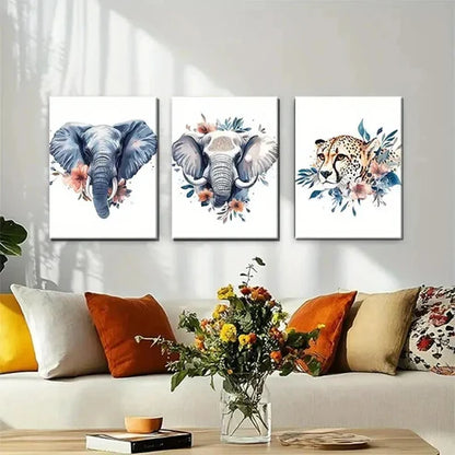 3pcs Elephants and Cheetah with Floral Perfect Wall Art Set Canvas Unframed - High Quality Print 100% Australian Made Wall Canvas