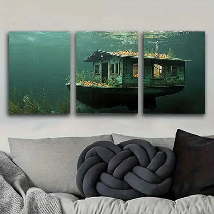 3pcs Submerged Boat with Flowers Wall Art Set Canvas Framed 50x70cm - High Quality Print 100% Australian Made Wall Canvas Ready to Hang