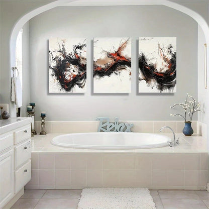 3pcs Dynamic Black Red and White Abstract Metal Print Ready to Hang Art