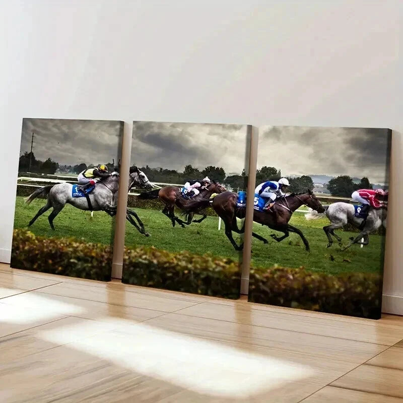 3pcs Vibrant Horsemanship Scene with Jockeys Wall Art Set Canvas Framed 40x60cm - High Quality Print 100% Australian Made Wall Canvas Ready to Hang