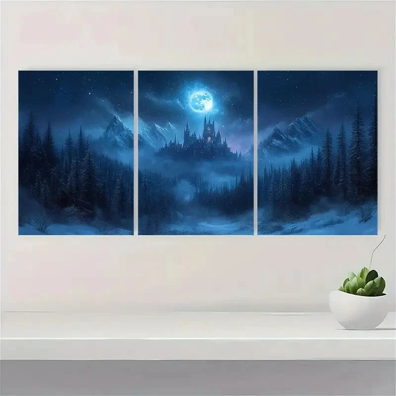 3pcs Night Moon Sky, Magic Realism Q Wall Art Set Canvas Framed 50x70cm - High Quality Print 100% Australian Made Wall Canvas Ready to Hang
