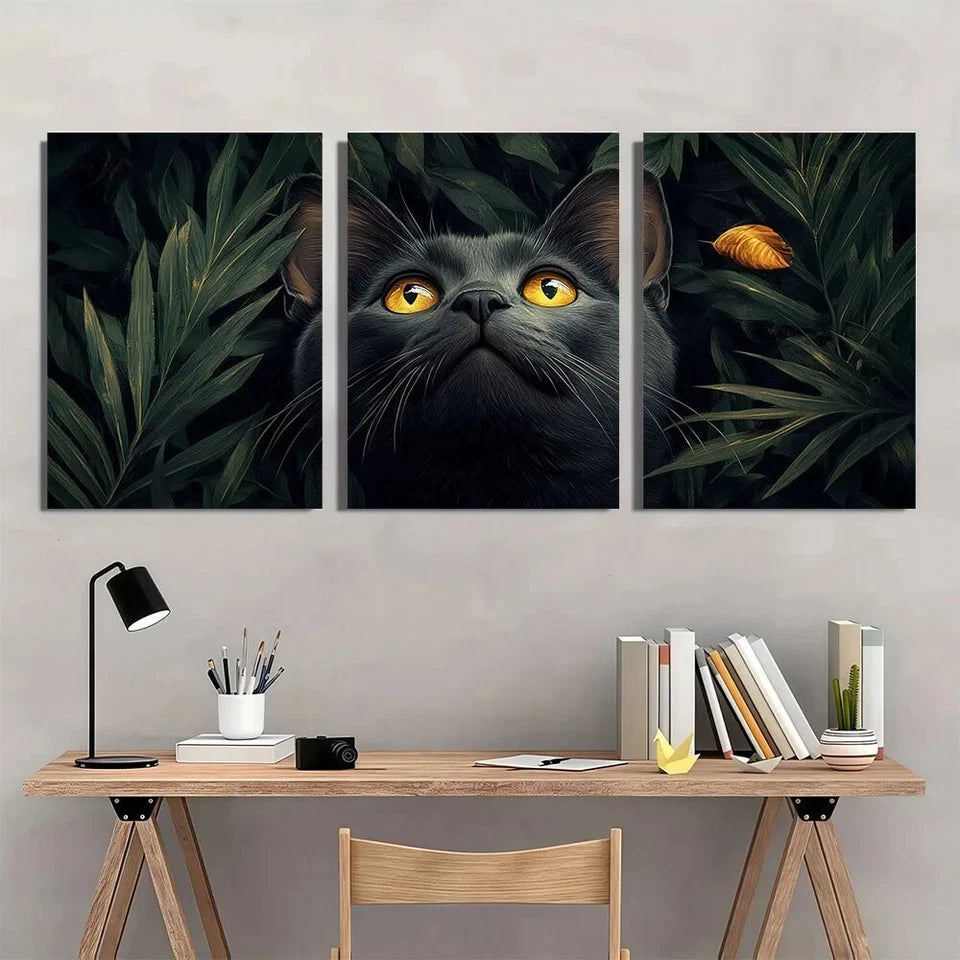 3pcs Black Cat Greenery with Yellow Eyes Metal Print Ready to Hang Art