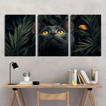 3pcs Black Cat Greenery with Yellow Eyes Metal Print Ready to Hang Art
