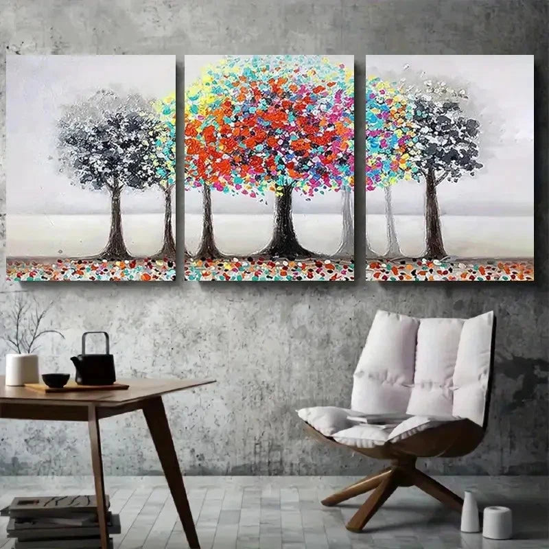 3pcs Modern Abstract Colorful Tree Line Metal Print Ready to Hang Art