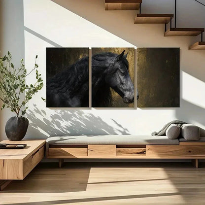 3pcs Elegant Black Golden Horse Portrait Metal Print Ready to Hang Art